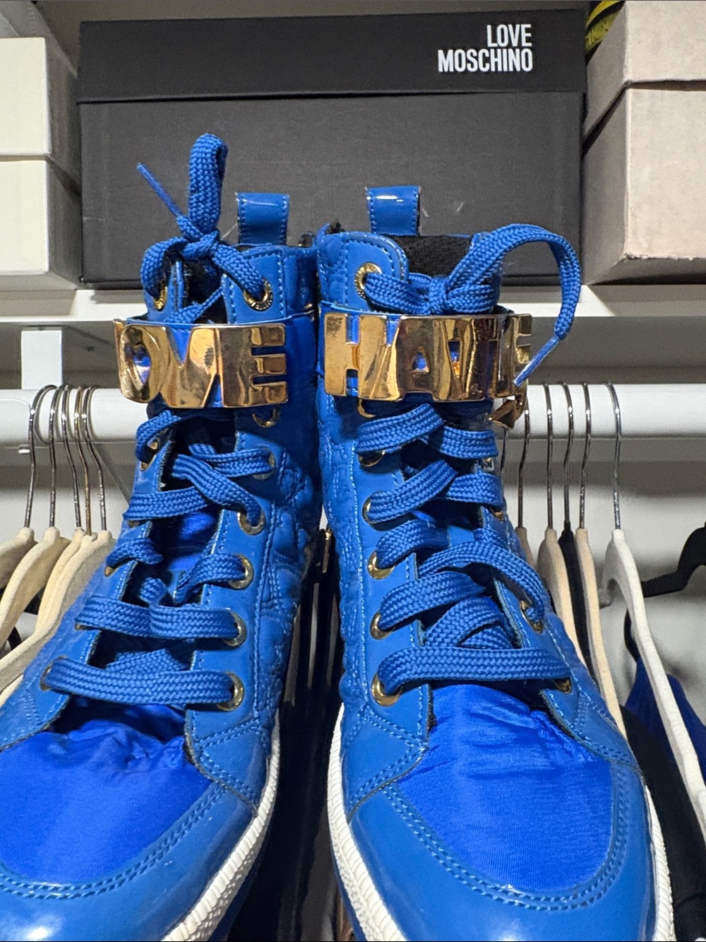 Love Moschino Blue High-Top Sneakers with Gold Logo Hardware with the box.